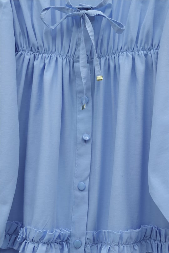 Robadan Lastikli Eteği Fırfırlı Düğmeli Poplin Tunik -Mavi