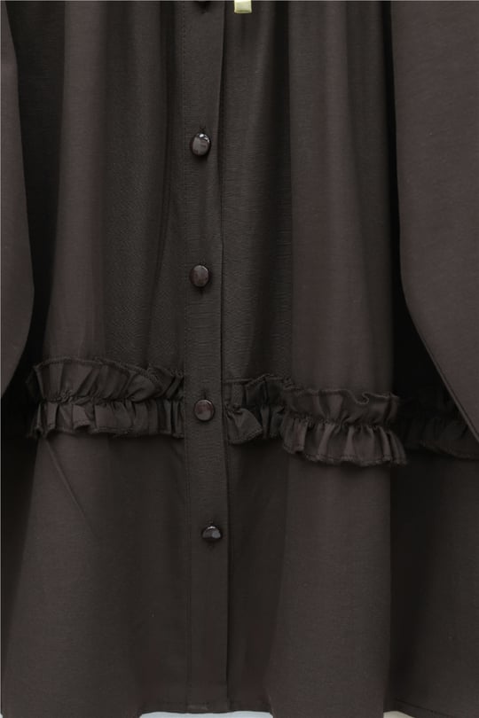 Robadan Lastikli Eteği Fırfırlı Düğmeli Poplin Tunik -K. Kahve