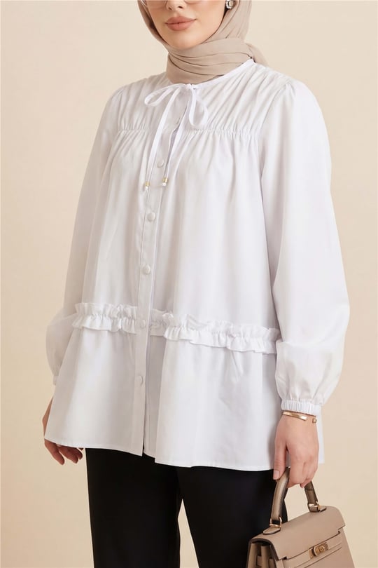 Robadan Lastikli Eteği Fırfırlı Düğmeli Poplin Tunik -Beyaz
