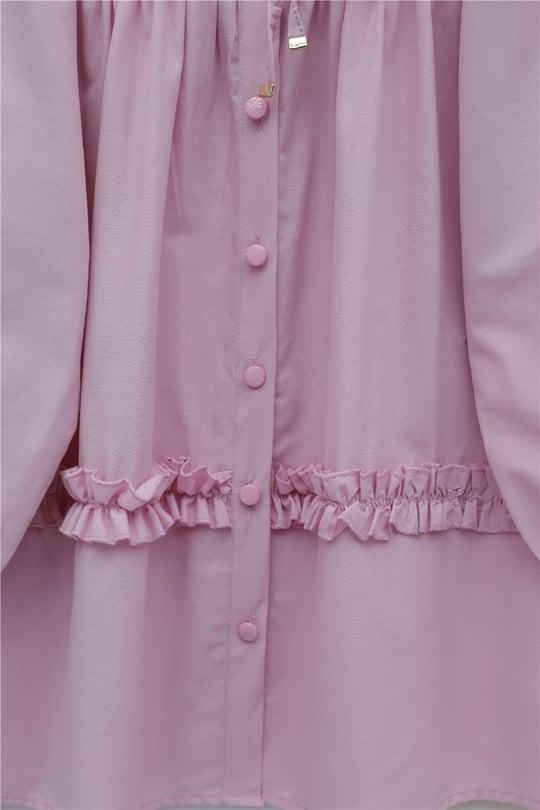 Robadan Lastikli Eteği Fırfırlı Düğmeli Poplin Tunik -Pembe