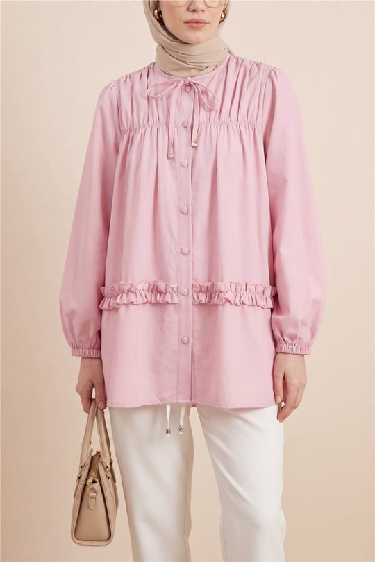 Robadan Lastikli Eteği Fırfırlı Düğmeli Poplin Tunik -Pembe