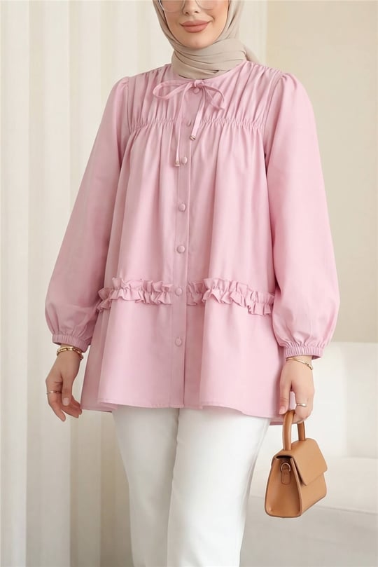 Robadan Lastikli Eteği Fırfırlı Düğmeli Poplin Tunik -Pembe
