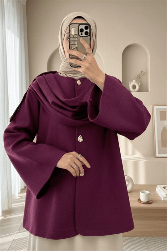 Şal Detaylı Kışlık Keçe Ceket -Mürdüm