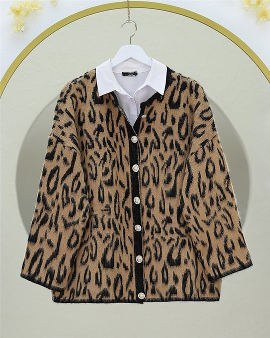 Şardonlu Leopar Desenli Yumoş Triko Hırka -Vizon