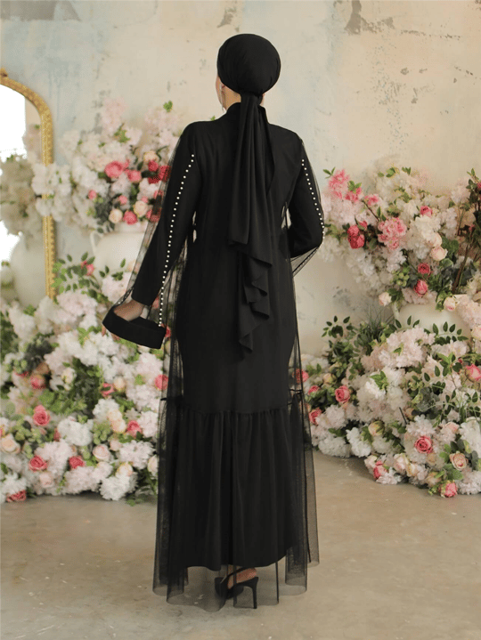 Şerit İncili Beli Bağcıklı İkili Abaya  -Siyah