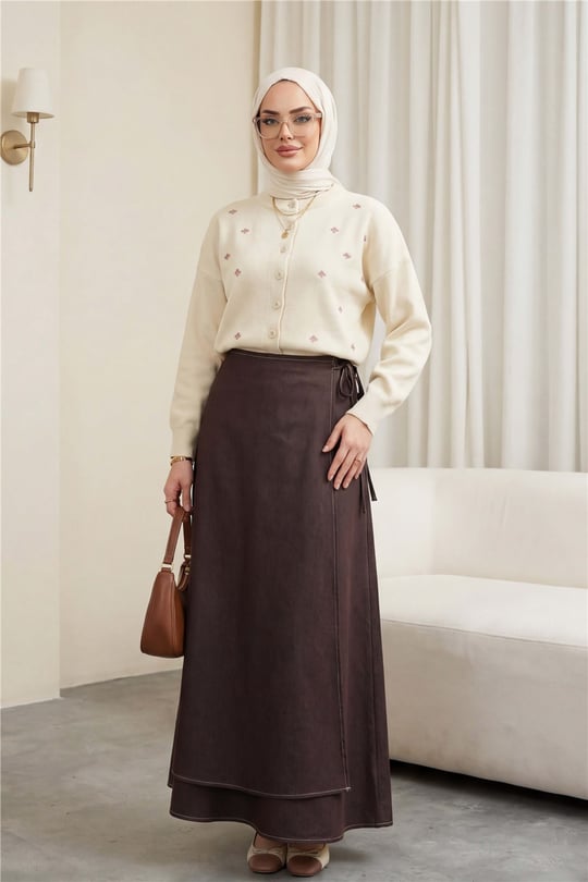 Serpme Çiçek Nakışlı Düğmeli Oversize Triko Hırka -Krem