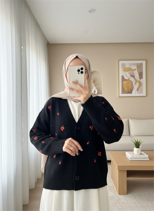 Serpme Çiçek Nakışlı Triko Hırka -Siyah
