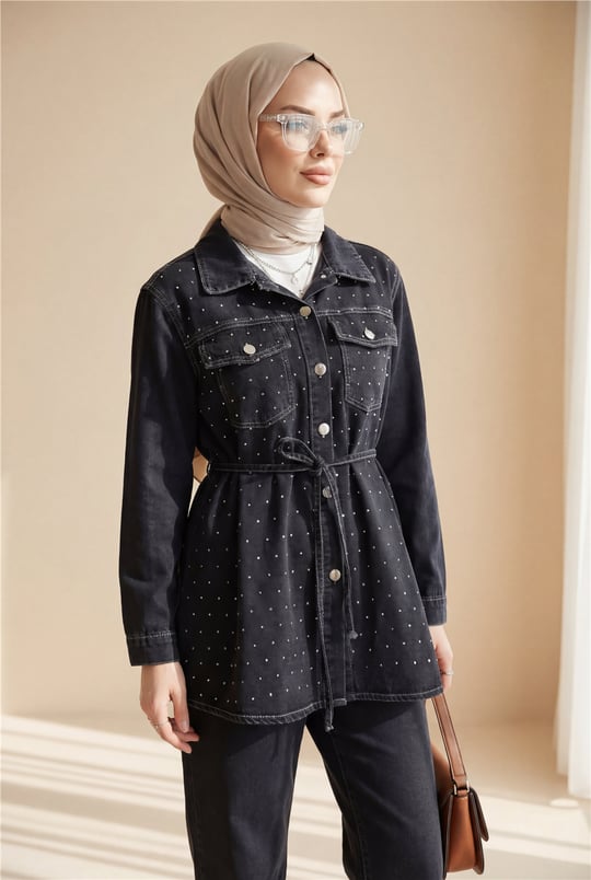 Serpme Taşlı Düğmeli Ceket Pantolon Kot Takım  -Siyah