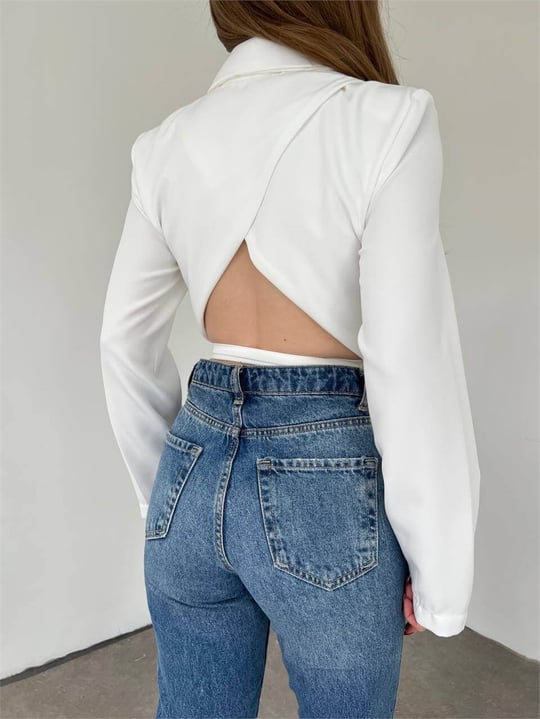 Sırt Dekolteli Beli Bağcıklı Crop Ceket -Beyaz