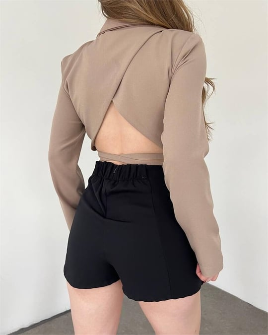 Sırt Dekolteli Beli Bağcıklı Crop Ceket -Vizon