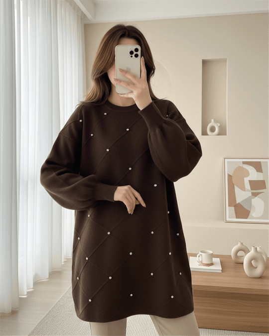 Taş Detaylı Kare Desenli Triko Tunik -Kahve
