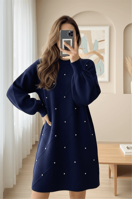 Taş Detaylı Kare Desenli Triko Tunik -Laci
