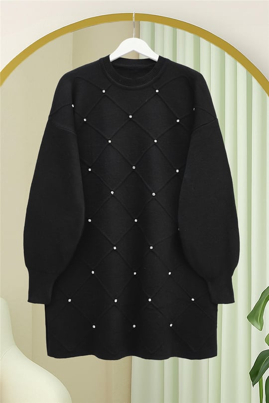 Taş Detaylı Kare Desenli Triko Tunik -Siyah