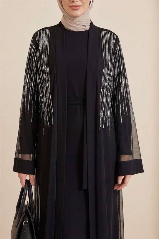 Taş Detaylı Kuşaklı İkili Abaya Takım -Siyah