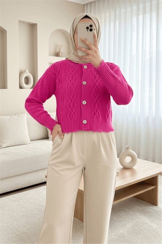 كارديجان قصير ممزق بأزرار حجرية - فوشيا