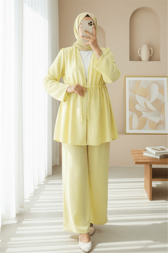 Taşlı Bol Paça Pantolonlu Tünel Bağcıklı Kimono Takım -Sarı
