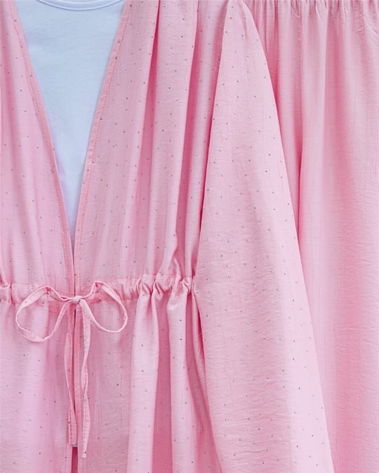 Taşlı Bol Paça Pantolonlu Tünel Bağcıklı Kimono Takım -Pembe