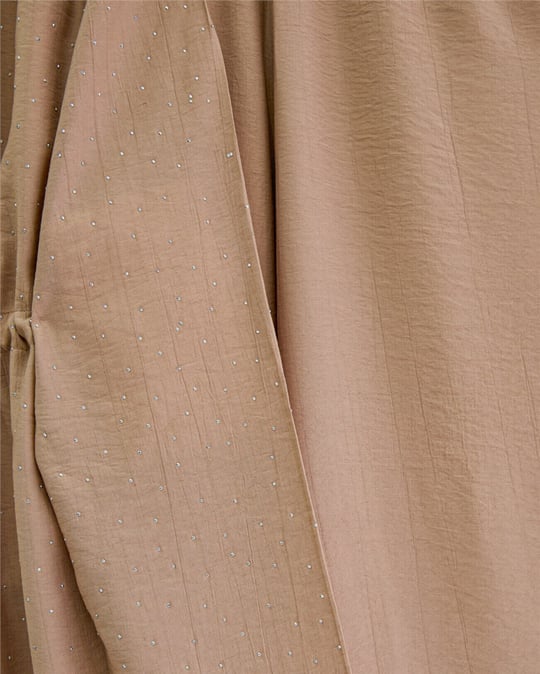 Taşlı Bol Paça Pantolonlu Tünel Bağcıklı Kimono Takım -Vizon