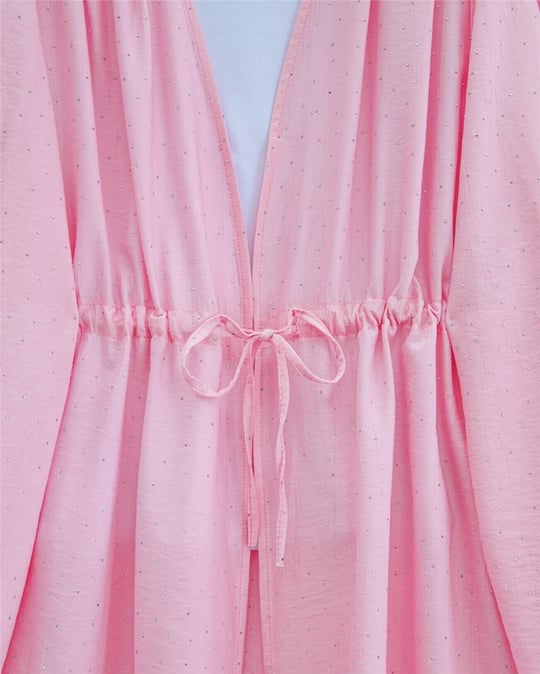 Taşlı Bol Paça Pantolonlu Tünel Bağcıklı Kimono Takım -Pembe