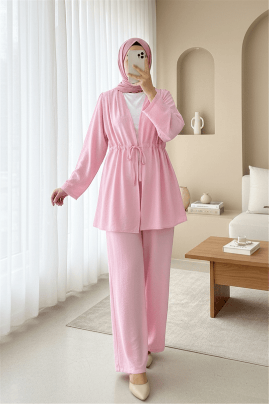 Taşlı Bol Paça Pantolonlu Tünel Bağcıklı Kimono Takım -Pembe