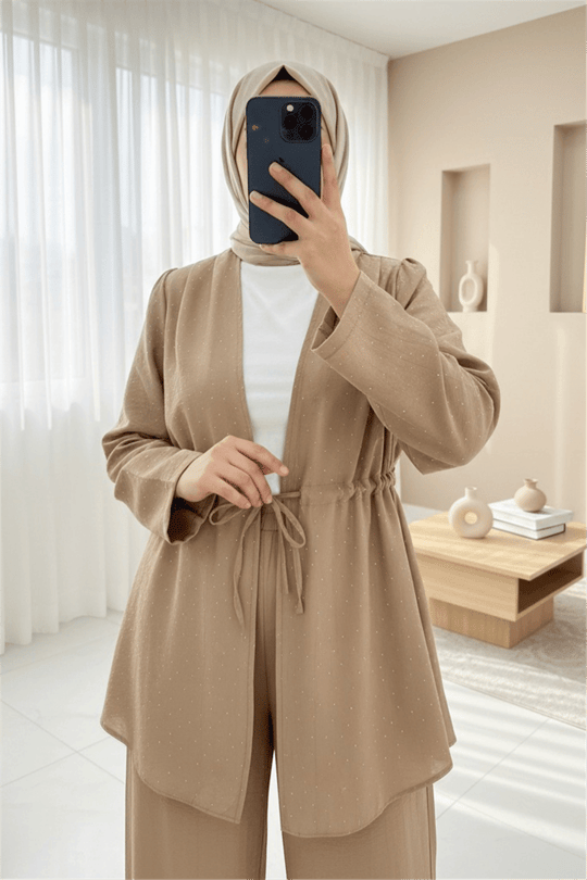 Taşlı Bol Paça Pantolonlu Tünel Bağcıklı Kimono Takım -Vizon