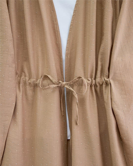 Taşlı Bol Paça Pantolonlu Tünel Bağcıklı Kimono Takım -Vizon