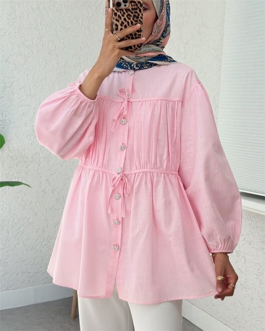 Taşlı Düğmeli Kolu Lastikli Bağlama Detaylı Gömlek  -Pembe