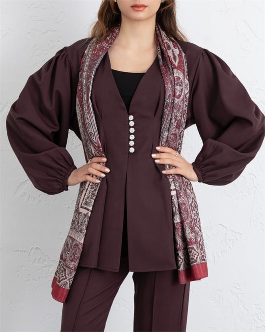 Taşlı Düğmeli Kolu Lastikli Double Pantolonlu Takım  -K. Bordo