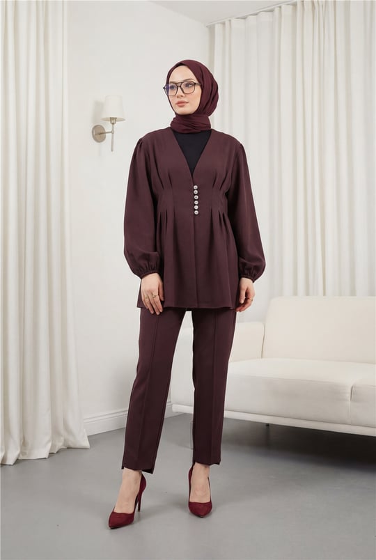 Taşlı Düğmeli Kolu Lastikli Double Pantolonlu Takım  -K. Bordo