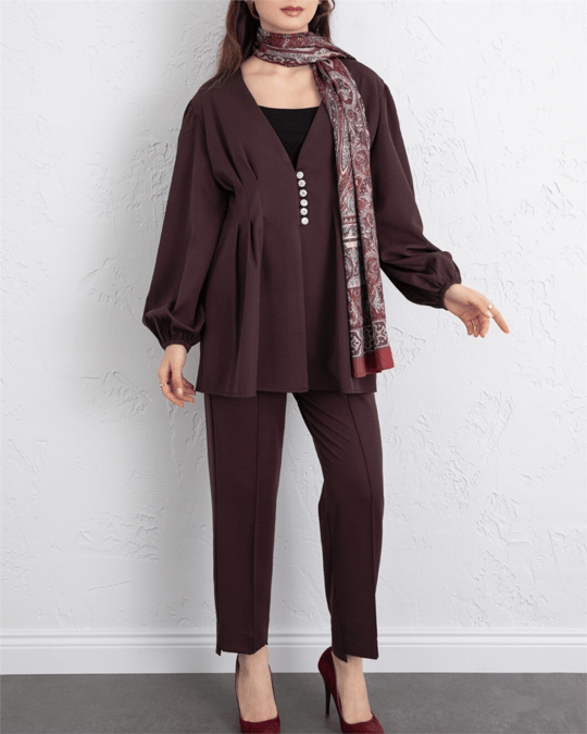 Taşlı Düğmeli Kolu Lastikli Double Pantolonlu Takım  -K. Bordo
