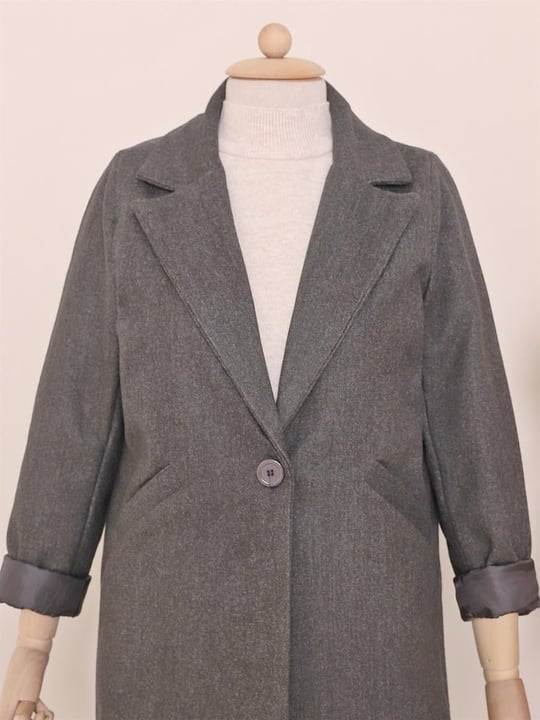 Womens Single Button-Front Lined Winter Wool-Blend Coat - Charcoal