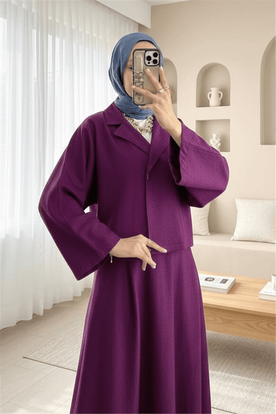 Tek Düğmeli Etekli Keçe Takım -Mürdüm