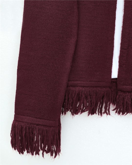 Tek Düğmeli Saçaklı Yumoş Triko Hırka   -Bordo