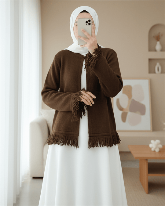 Tek Düğmeli Saçaklı Yumoş Triko Hırka   -Kahve