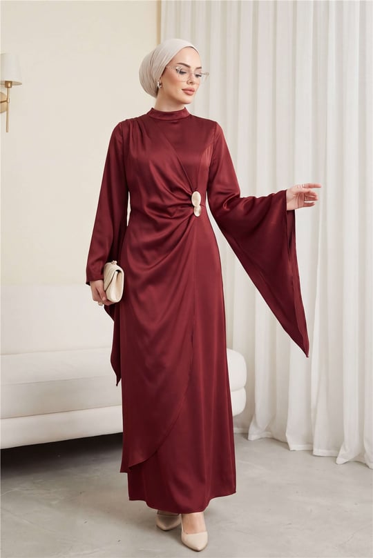 Toka Detaylı Önü Çift Kat Asimetrik Kol Saten Abiye -Bordo-Abiye-316-4925-R04
