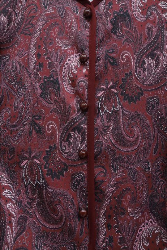 Top Düğme Etnik Desen Etekli Krep Takım -Bordo