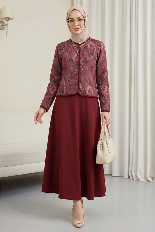 Top Düğme Etnik Desen Etekli Krep Takım -Bordo-Takım-349-8077-R04
