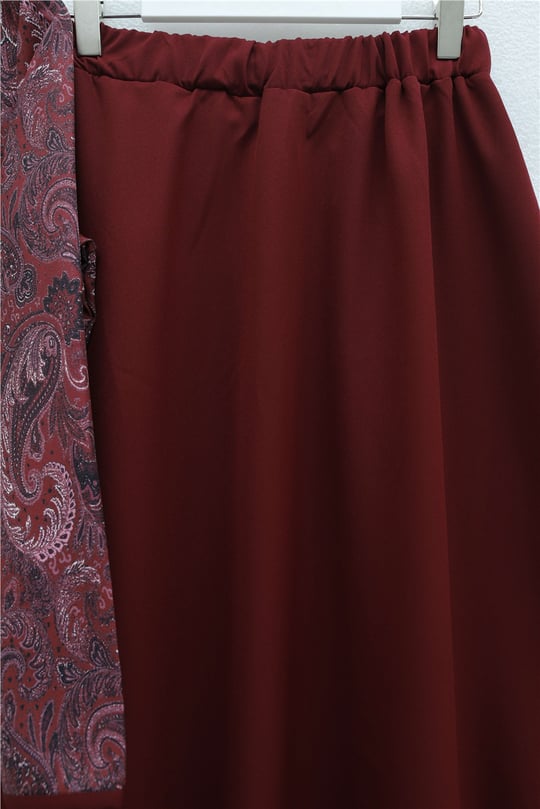 Top Düğme Etnik Desen Etekli Krep Takım -Bordo