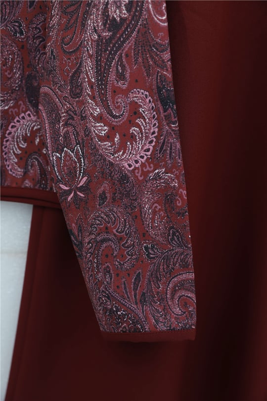 Top Düğme Etnik Desen Etekli Krep Takım -Bordo