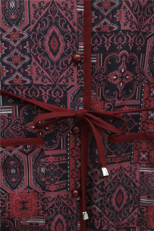 Top Düğmeli Cepli Kemerli Desenli Pantolonlu Dabıl Takım  -Bordo