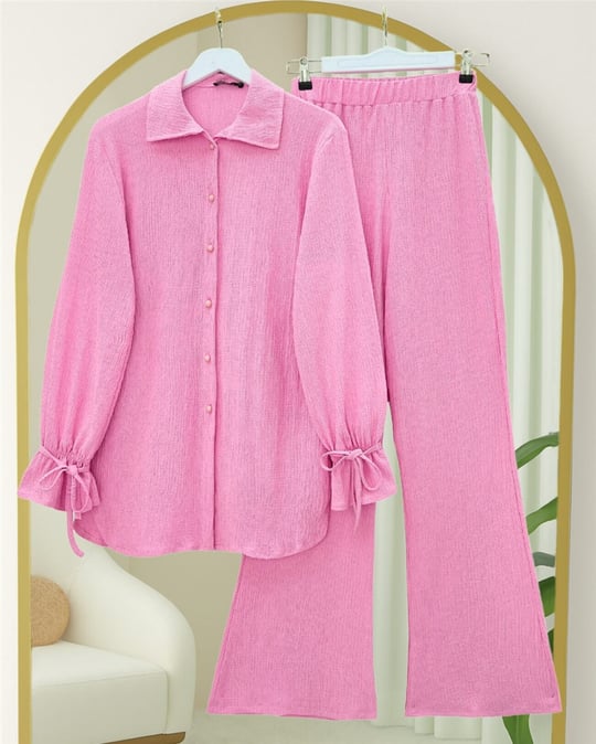 Top Düğmeli Kolu Bağcıklı Krinkıl Takım -Pembe