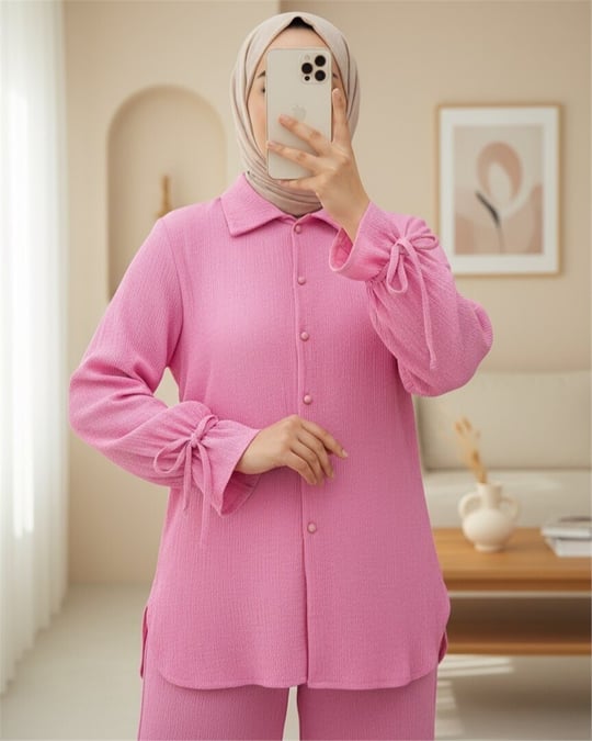 Top Düğmeli Kolu Bağcıklı Krinkıl Takım -Pembe