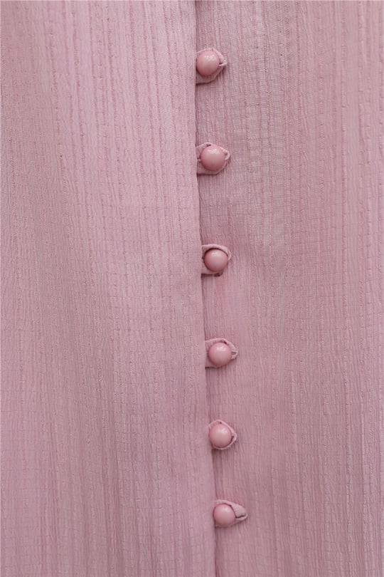 Top Düğmeli V Yaka Jakarlı Krinkıl Tunik  -Pembe