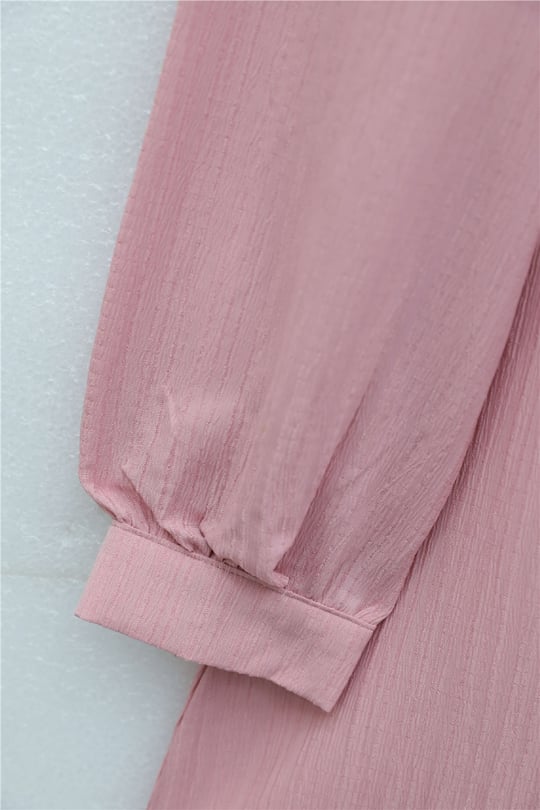 Top Düğmeli V Yaka Jakarlı Krinkıl Tunik  -Pembe