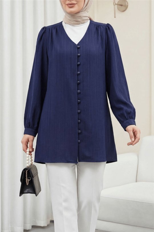 Top Düğmeli V Yaka Jakarlı Krinkıl Tunik  -Lacivert-Tunik-346-3092-R03