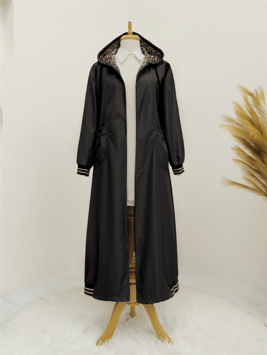 Torba Cepli Kapşonlu Ribanalı Trenckot -Siyah