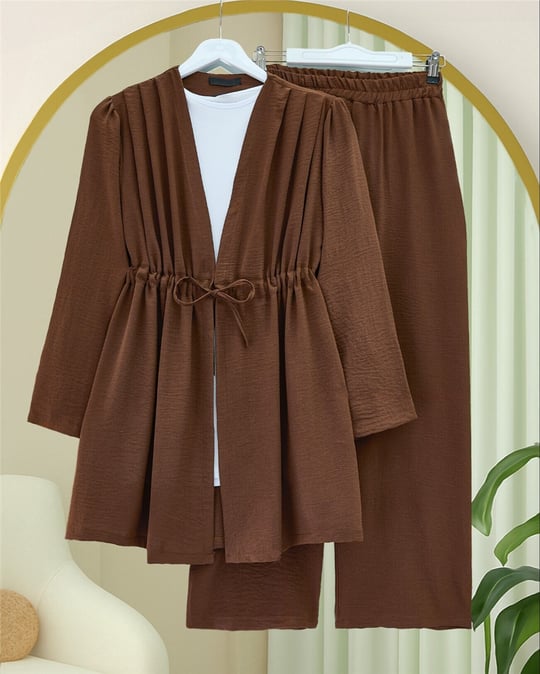 Tünel Bağcıklı Ayrobin Kimono Takım -Kahve