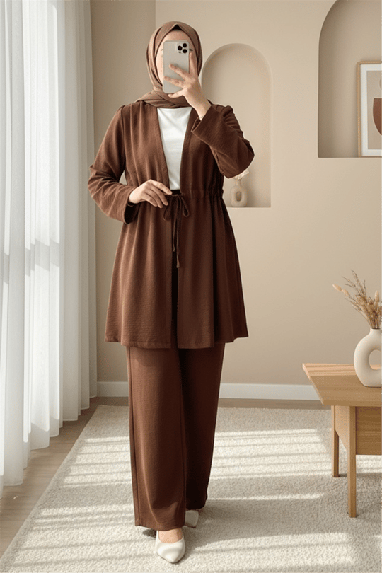 Tünel Bağcıklı Ayrobin Kimono Takım -Kahve