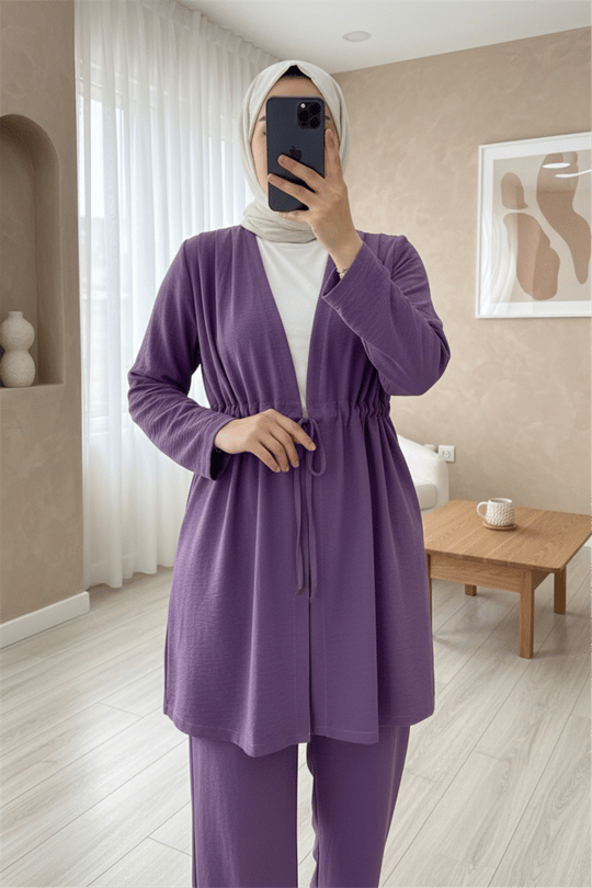 Tünel Bağcıklı Ayrobin Kimono Takım -Mor