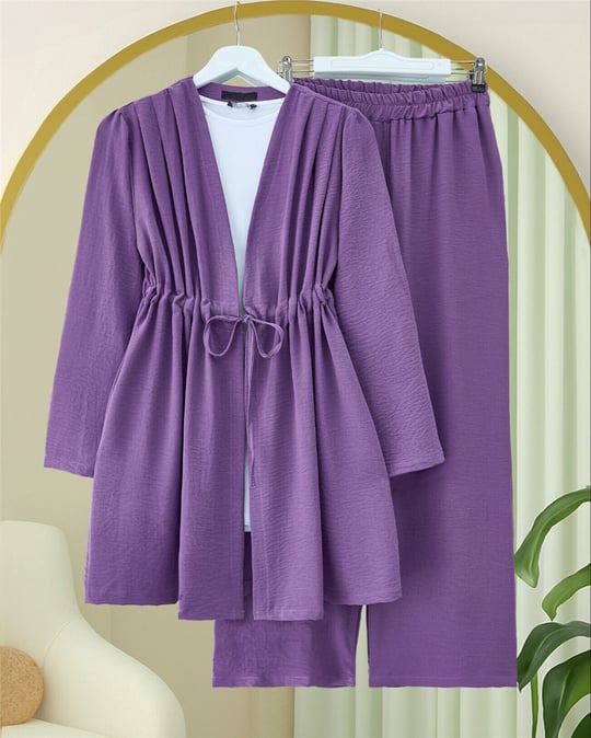 Tünel Bağcıklı Ayrobin Kimono Takım -Mor